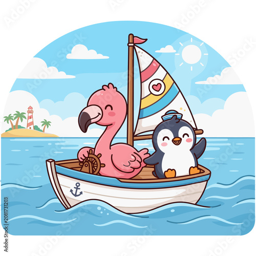 Cute Flamingo and Penguin Sailing in Boat Cartoon Vector Illustration on a Transparent Background