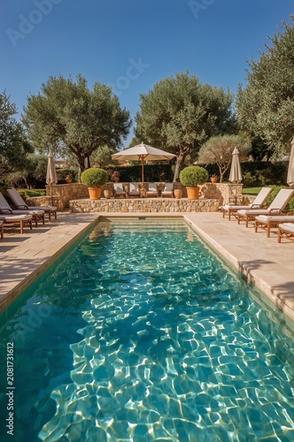 Relaxing by a Pool Surrounded by Trees and Sun Loungers in a Warm Location Du...