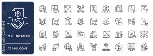 Procurement icon set. Collection of strategic sourcing, b2b purchasing, supplier management, contract negotiation and supply chain line icon vector illustration with editable stroke.