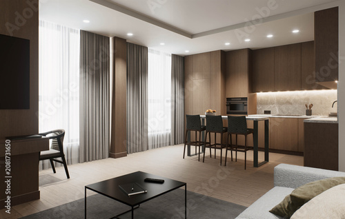 Modern Open Plan Studio Apartment Interior Design with Kitchen and Living Room
