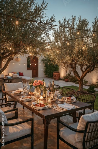 Outdoor Dining Setup at a Garden With String Lights in Evening Time