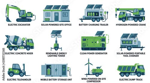 Εκτύπωση καμβά Collection of eco-friendly construction and industrial equipment powered by renewable energy sources