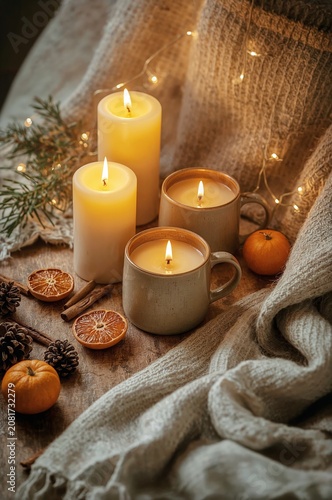 Candles and Decorations on a Wooden Table During a Cozy Indoor Setting in the...