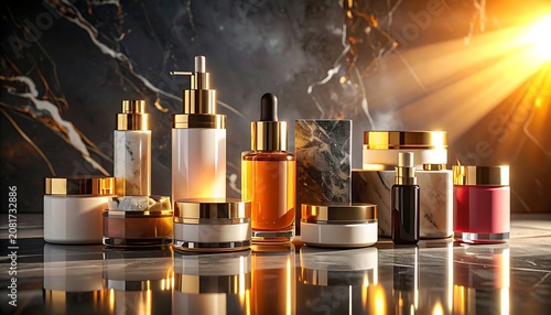 Elegant skincare bottles and jars with gold accents