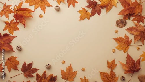 Colorful Autumn Leaves and Nuts Create a Natural Decoration on a Light Backgr...