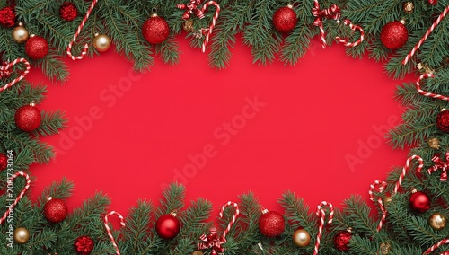 Decorative Christmas Frame With Green Pine, Red Ornaments, and Candy Canes on...