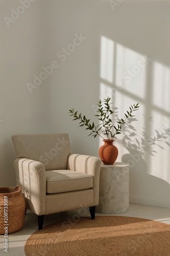 Light and Shadow Play on a Corner With a Chair, Vase, and Basket in a Simple ...