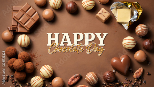 Happy chocolate day greeting card with delicious assorted milk and dark chocolate truffles candies and cocoa bars arranged in a circle frame on a brown background for holiday celebration