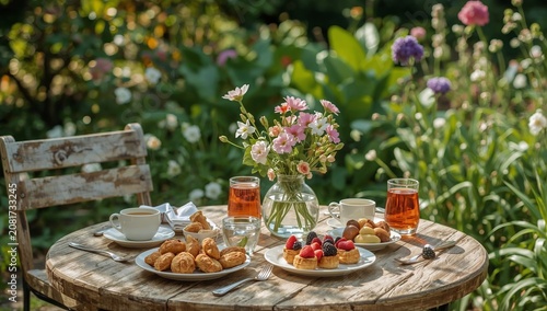 Enjoying Tea and Snacks in a Garden During Bright Sunny Day With Flowers and ...