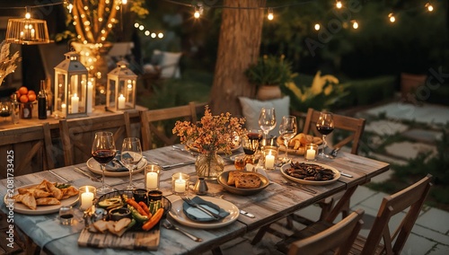 Gathering With Friends at a Dinner Table in a Garden During Evening Hours Wit...