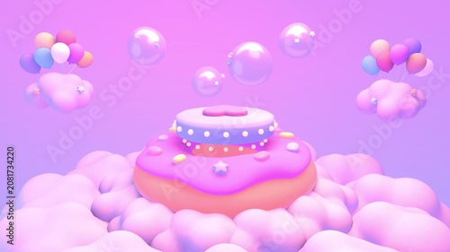 Cute floating donut stage surrounded by clouds in the sky animation. (loop)