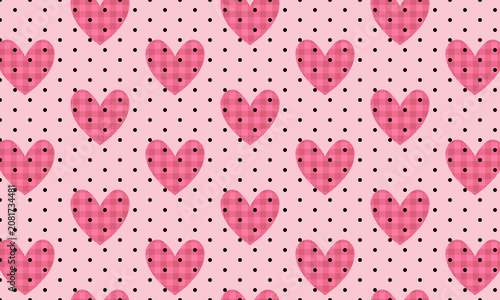 Textured pink hearts pattern with small black polka dots background, textured