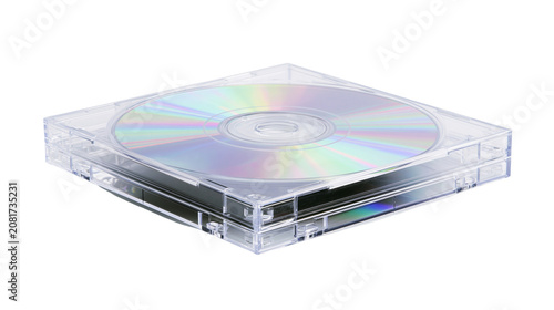Foto Clear plastic CD jewel case with a silver disc inside, isolated on transparent b