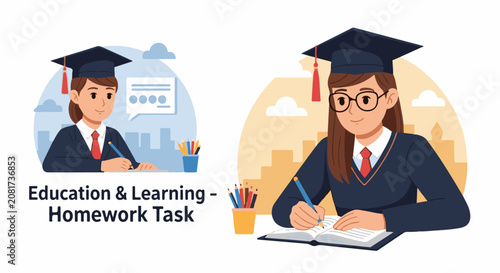 Two students in graduation attire diligently work on their assignments
