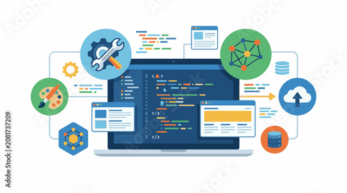 A laptop surrounded by coding designing and networking icons on a white background