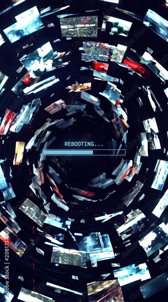 Fototapeta premium System rebooting message with progress bar on digital screen. Swirling tunnel of multimedia photos and video frames in virtual reality environment.