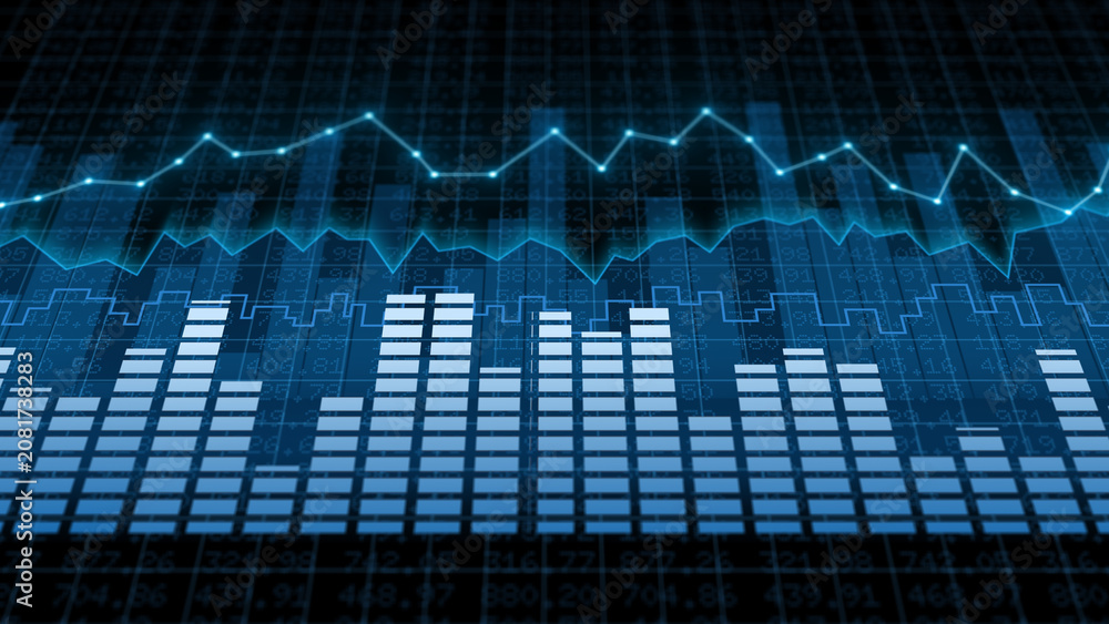Obraz premium Blue line chart stock exchange market showing financial investment growth, business economy, digital cyberspace, global revenue strategy, and virtual performance analysis concept