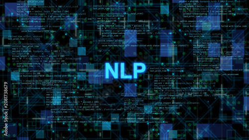 Natural language processing concept showing artificial intelligence text analysis, speech recognition, machine learning algorithm, and deep learning communication technology interface