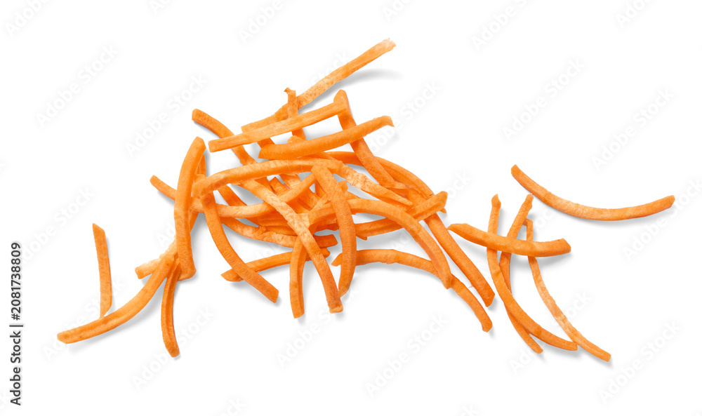 Obraz premium Fresh carrot strips on white background. Fresh carrot sliced.