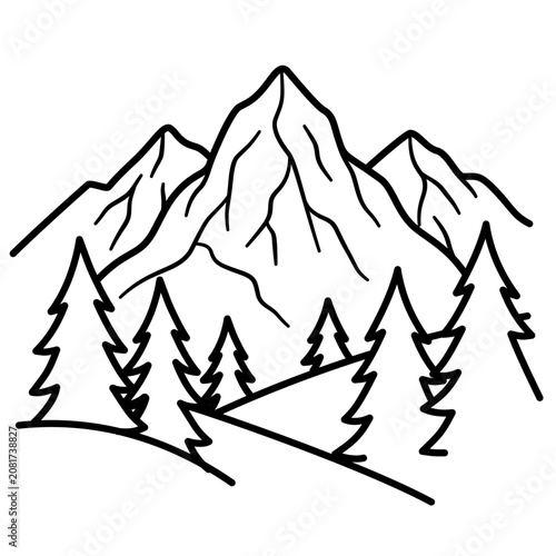 Outline Drawing of Mountain Scenery with Pine Forest Landscape