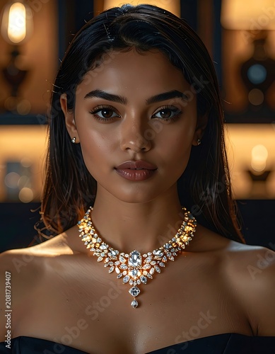 Elegant woman wearing sparkling gem necklace