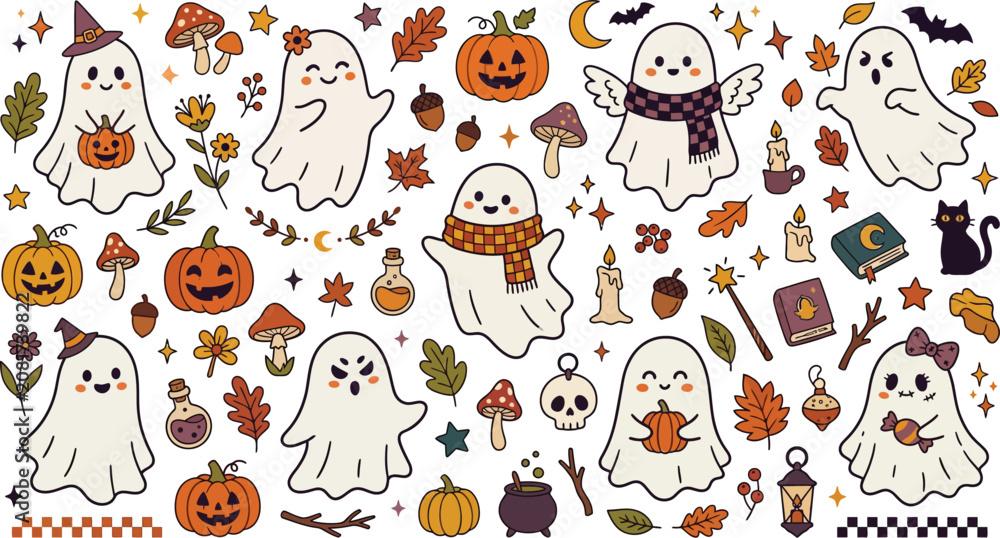 Fototapeta premium Cute hand drawn halloween pattern featuring friendly ghosts pumpkins autumn leaves and magical items isolated on a white background for design