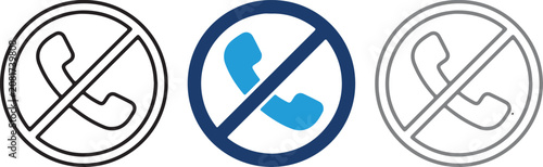 Set of three no phone icons, prohibited call symbols, flat vector illustration design, handmade style graphic elements, isolated on white background