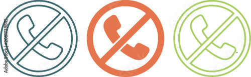 Set of three colorful no phone icons, prohibited call symbols, hand drawn vector illustration, isolated graphic elements on white background