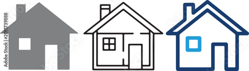Set of three house icons, residential building symbols, flat vector illustration design, handmade style graphic elements, isolated on white background