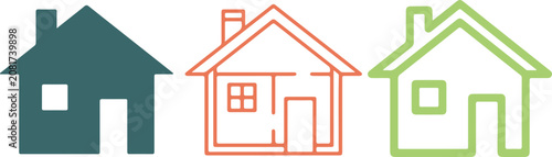 Set of three house icons, residential building symbols, flat vector illustration design, handmade style graphic elements, isolated on white background