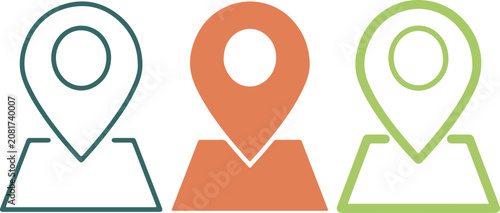Set of three colorful location pin icons, map marker symbols, flat vector illustration design, handmade style graphic elements, isolated on white
