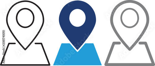 Set of three location pin icons, map marker symbols, flat vector illustration design, handmade style graphic elements, isolated on white background