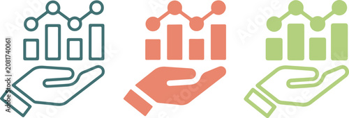Set of three business growth icons, hand holding chart symbols, flat vector illustration design, handmade style graphic elements, isolated on white