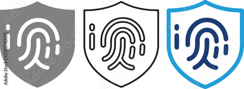 Set of three fingerprint shield icons, biometric security symbols, flat vector illustration design, handmade style graphic elements, isolated on white