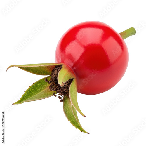 Obraz na plátně Single fresh red rose hip berry fruit with green leaves isolated on white isolat