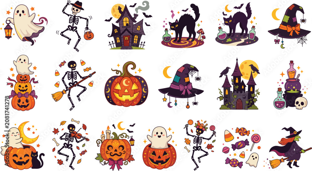 Fototapeta premium Set of colorful halloween stickers featuring cute ghosts skeletons pumpkins witches black cats and haunted houses for festive holiday party decorations