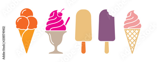 A collection of ice cream icons on a white background. Includes scoops in a waffle cone, a soft serve sundae in a glass, and a popsicle on a stick. perfect for a simple summer design, illustrating 