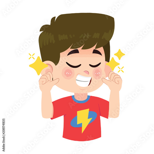 Obraz na płótnie Cartoon illustration of a proud, self-satisfied boy pointing at himself with a big smile, showing confidence and success
