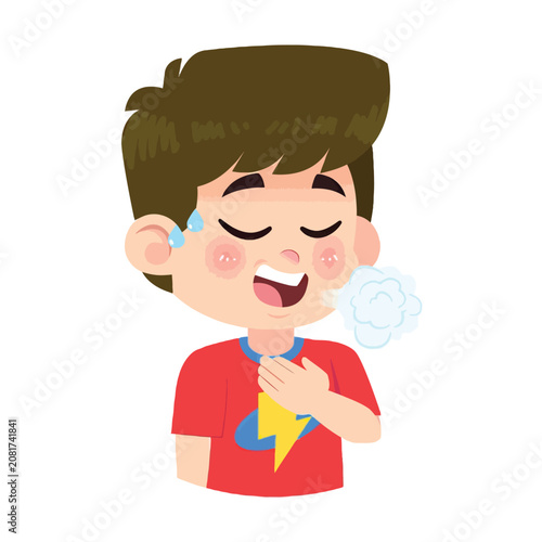 Bild auf Leinwand Cartoon illustration of a breathless or wheezing boy clutching his chest, representing respiratory distress or difficulty breathing