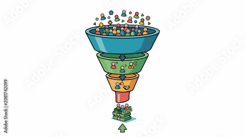 A conceptual graphic depicting a sales funnel filtering people into money