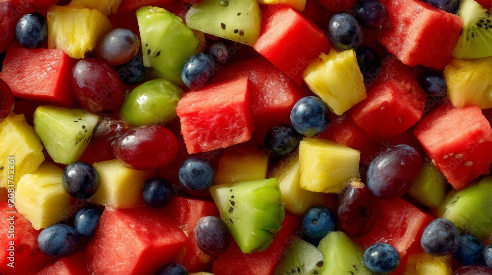 Fototapeta premium Colorful Assortment of Fresh Fruits Including Watermelon, Pineapple, Blueberries, Kiwi, and Green Grapes for Healthy Eating and Refreshing Desserts