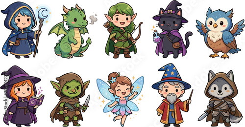 Foto Cute Chibi Fantasy RPG Character Vector Set Featuring Wizard Witch Dragon Elf Fa