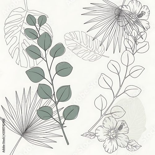 Ethereal Botanical Sketch: Delicate line art meets soft color washes.