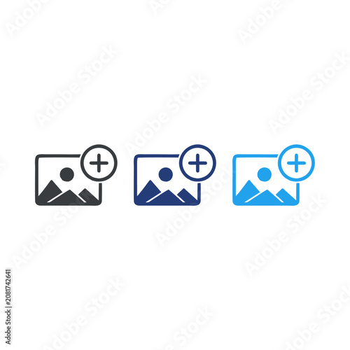 A collection of vector icons in various colors for enhancing photos. Attaching new images or photos. Editing albums.