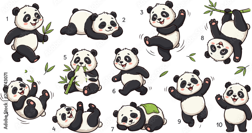 Obraz premium Cute Cartoon Giant Panda Character Set with Various Poses Eating Bamboo Sleeping Rolling and Dancing for Children Books Stickers and Graphic Designs