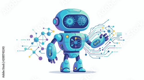 A cute robot with a brain and virus icon displays circuits and data