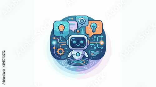 A cute robot with lightbulbs in thought bubbles representing ideas