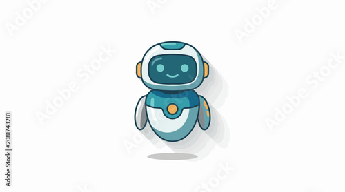 A cute round robot with a happy face floats in space