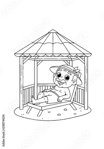 Cartoon character relaxing in a gazebo chair.