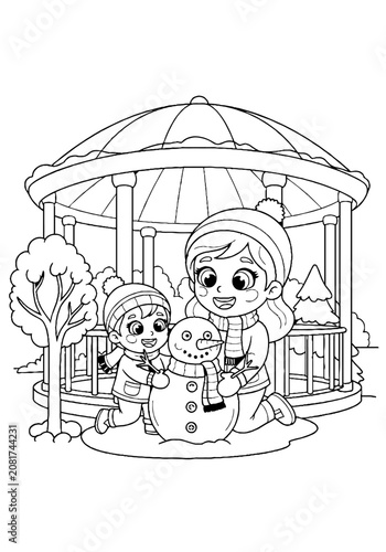 Children building a snowman in winter scene illustration.
